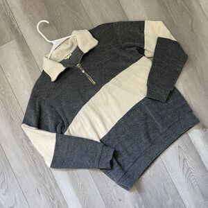 Donni Terry Sweater striped half zip pullover womens Cream Gray (small) preppy